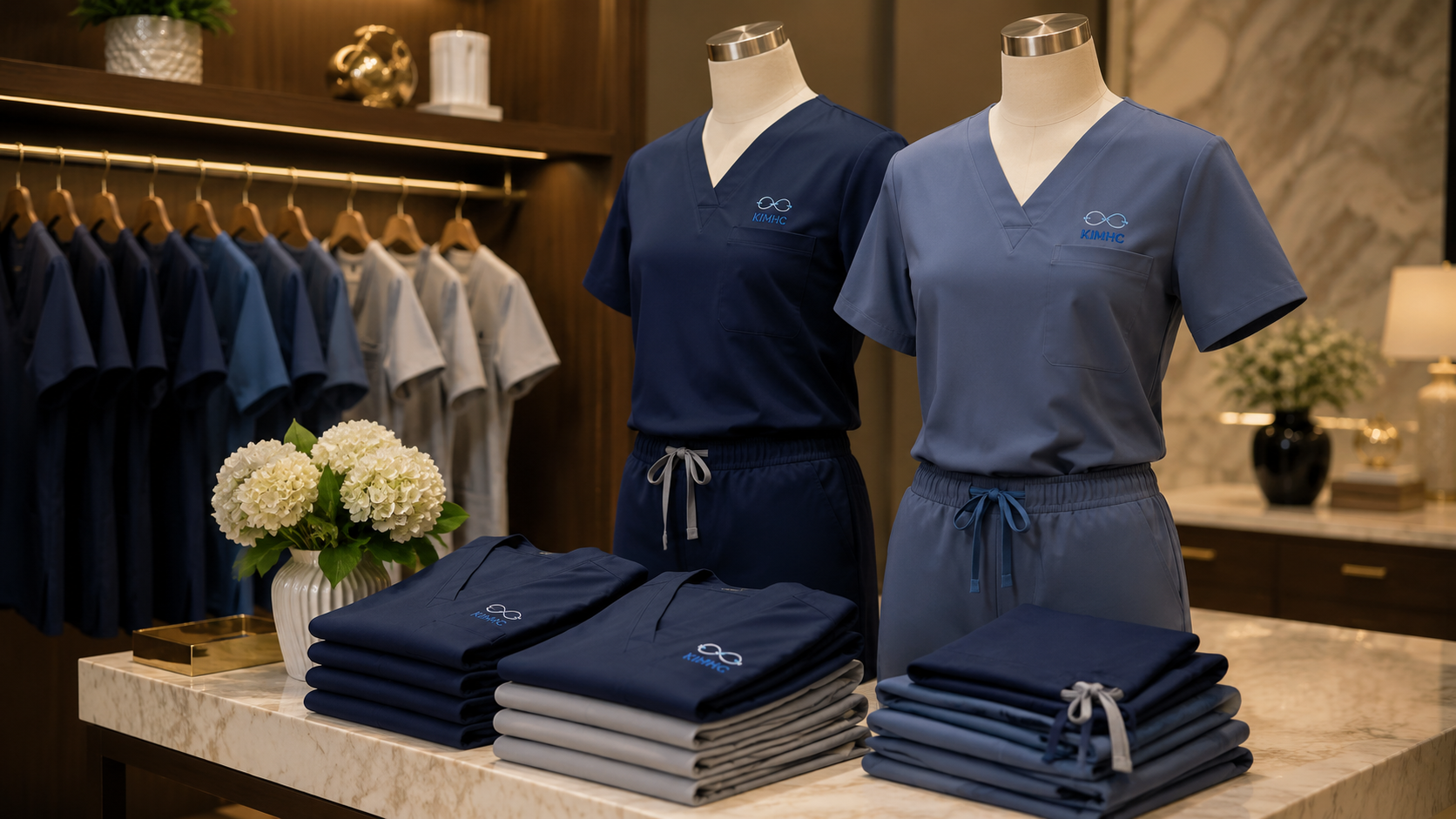 KIMHC custom medical apparel in modern showroom