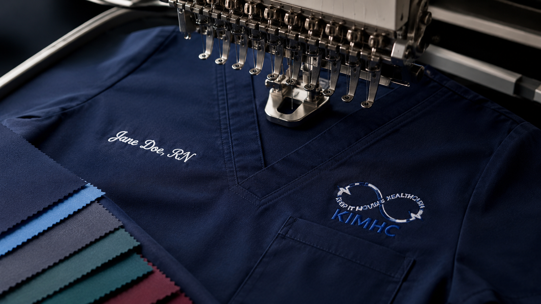 KIMHC navy scrub embroidery and fabric detail