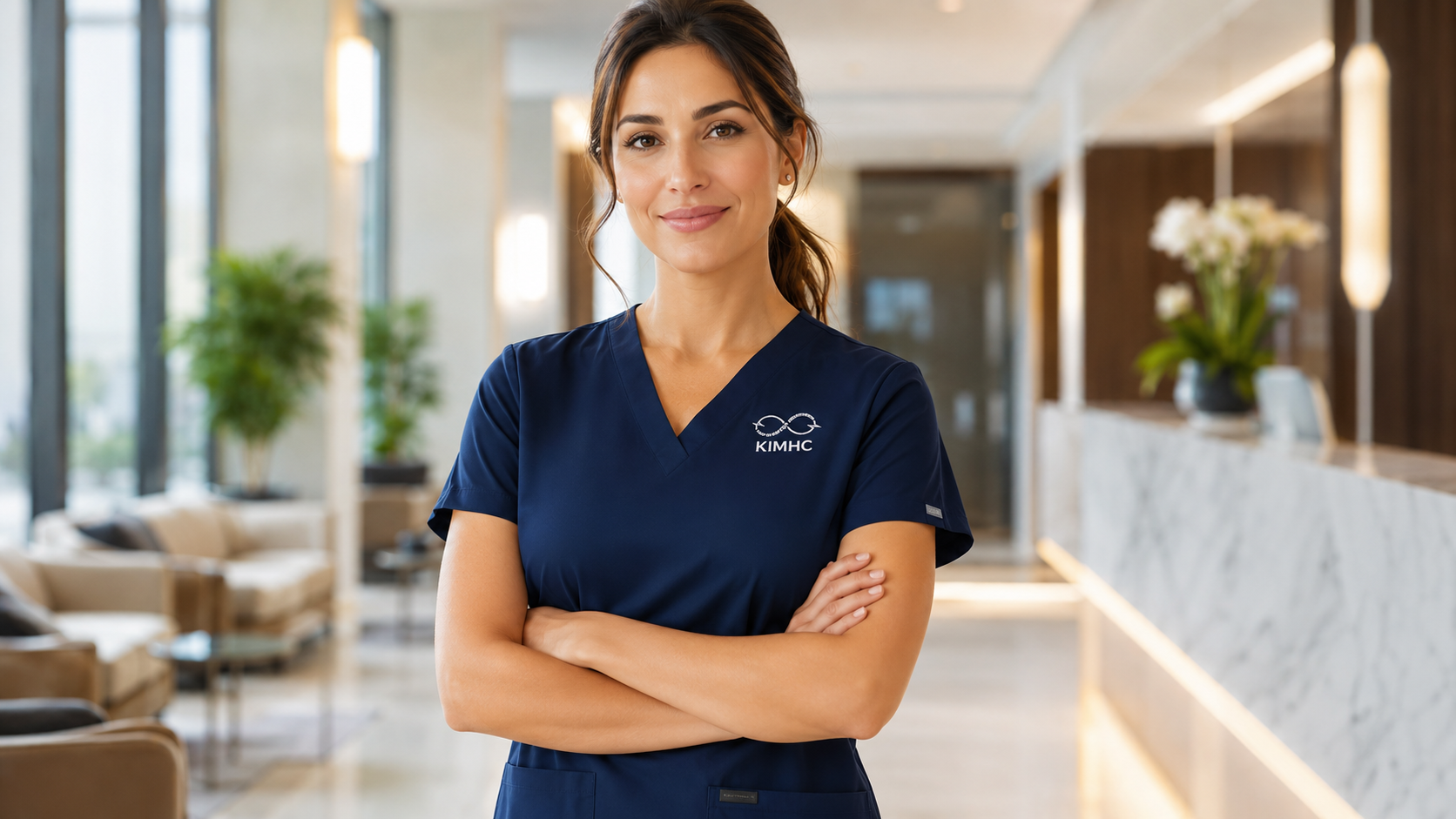 KIMHC professional in modern lobby wearing navy scrubs