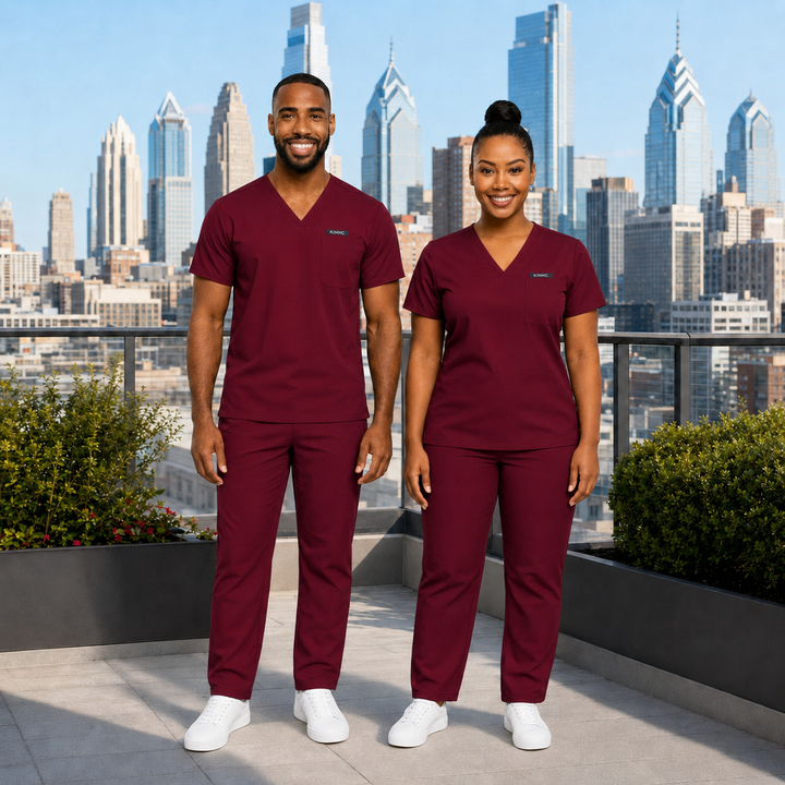KIMHC Essential Unisex V-Neck 1 Pocket Straight Leg Set in Bloodline Burgundy - two-model view