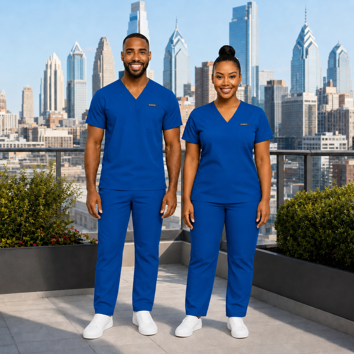 KIMHC Essential Unisex V-Neck 1 Pocket Straight Leg Set in Code Blue - two-model view