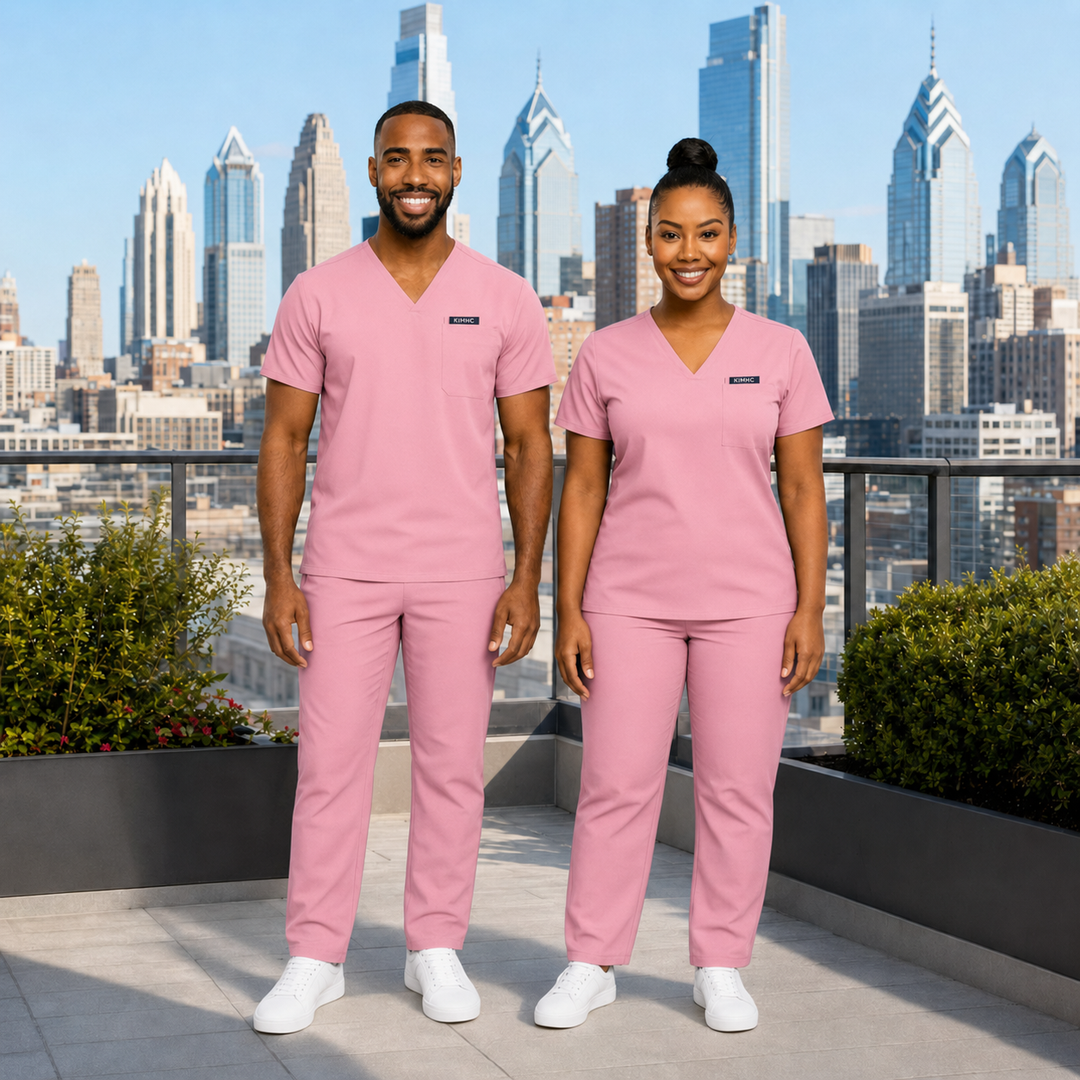 KIMHC Essential Unisex V-Neck 1 Pocket Straight Leg Set in L&amp;D Baby Pink - two-model view