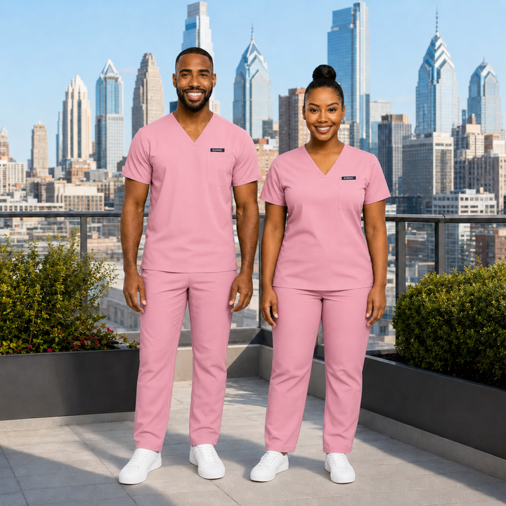 KIMHC Essential Unisex V-Neck 1 Pocket Straight Leg Set in L&amp;D Baby Pink - two-model view