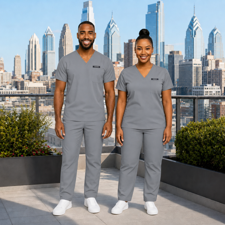 KIMHC Essential Unisex V-Neck 1 Pocket Straight Leg Set in MRI Gray - two-model view