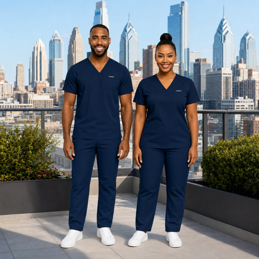 KIMHC Essential Unisex V-Neck 1 Pocket Straight Leg Set in Navy Nerves - two-model view