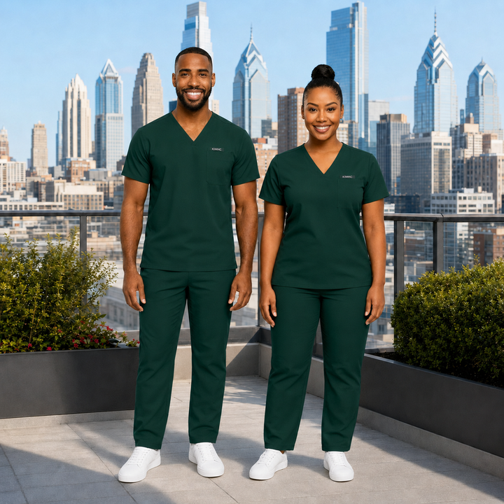 KIMHC Essential Unisex V-Neck 1 Pocket Straight Leg Set in Nightshift Dark Green - two-model view