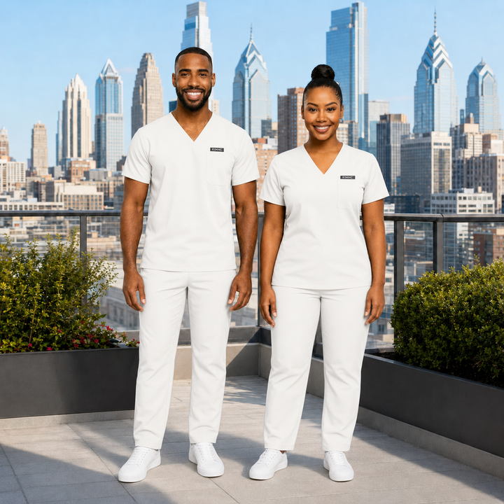 KIMHC Essential Unisex V-Neck 1 Pocket Straight Leg Set in Sterile White - two-model view