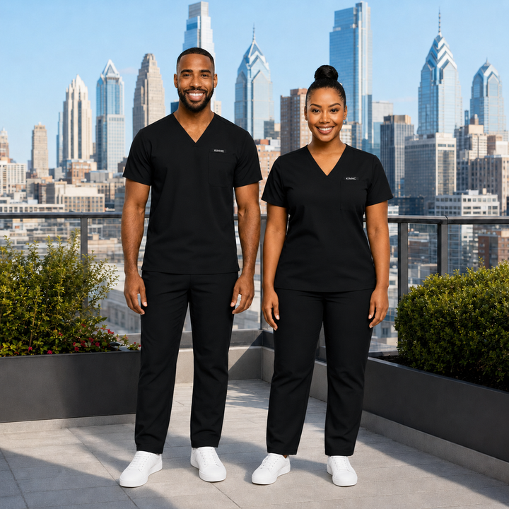 KIMHC Essential Unisex V-Neck 1 Pocket Straight Leg Set in X-Ray Black - two-model view