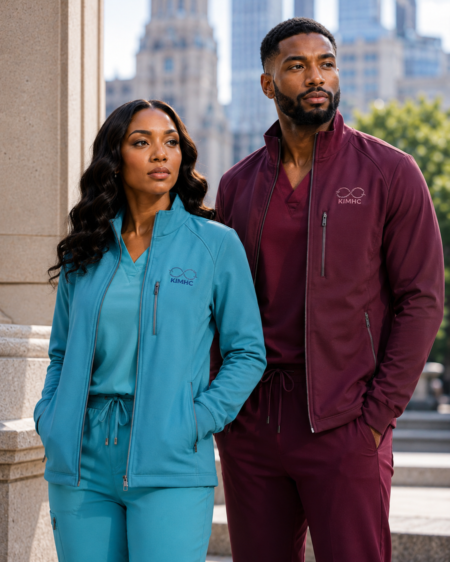 KIMHC zip-front scrub jackets shown in teal and burgundy