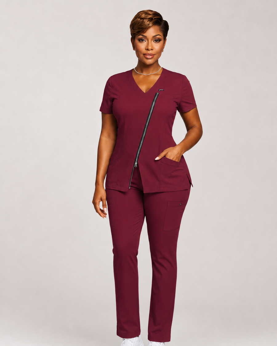 The Vital Cross women’s scrub set in Bloodline Burgundy