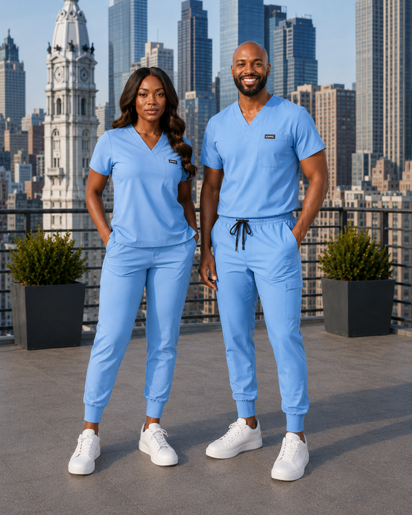 The Vital Split Call Light Blue scrub set lifestyle image