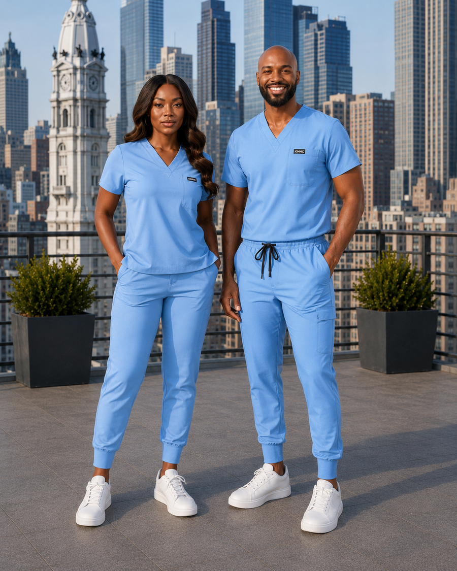The Vital Split Call Light Blue scrub set lifestyle image