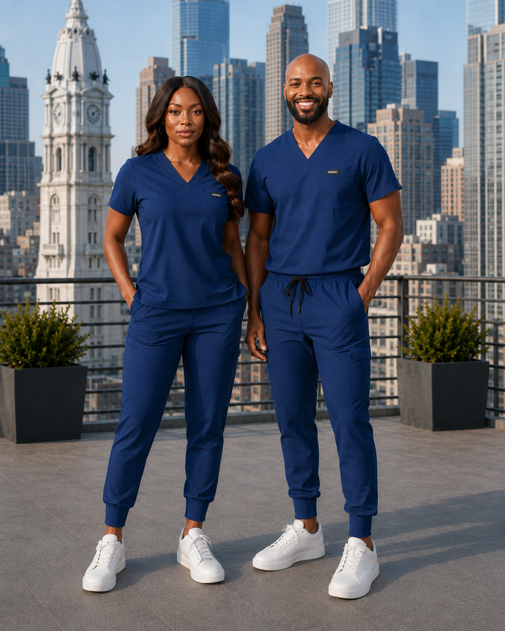 The Vital Split Code Blue scrub set lifestyle image
