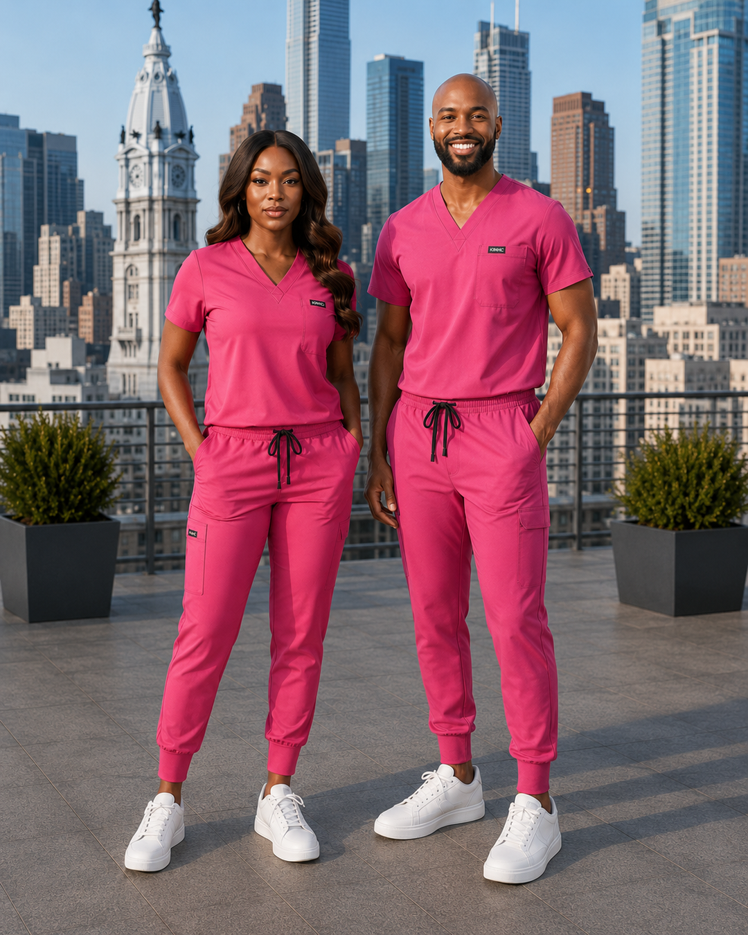 The Vital Split Heartbeat Magenta scrub set lifestyle image