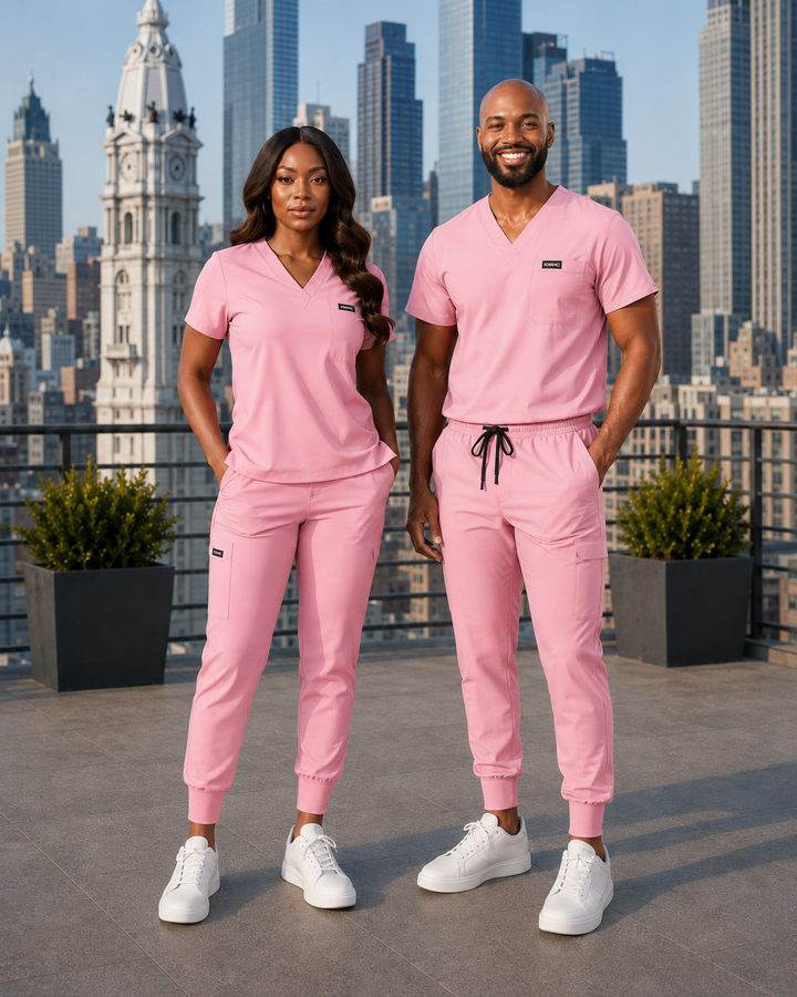 The Vital Split L&amp;D Baby Pink scrub set lifestyle image