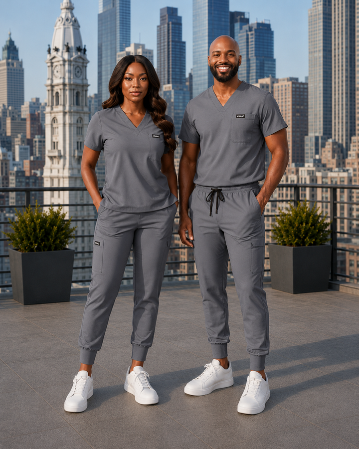 The Vital Split MRI Gray scrub set lifestyle image