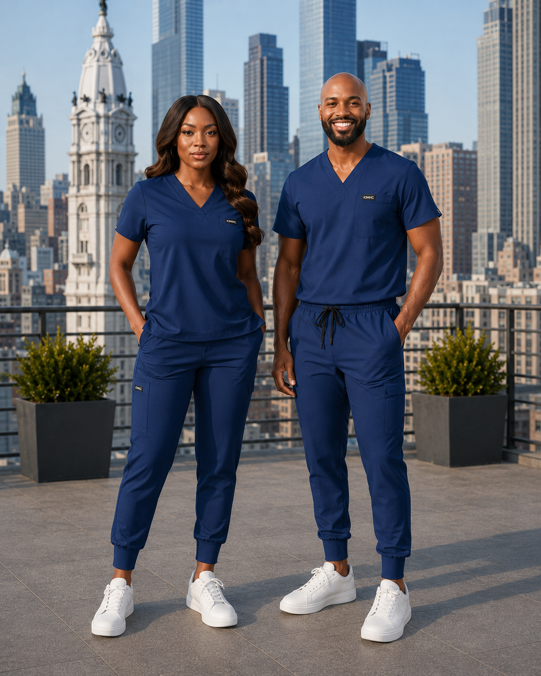 The Vital Split Scrubs Indigo scrub set lifestyle image
