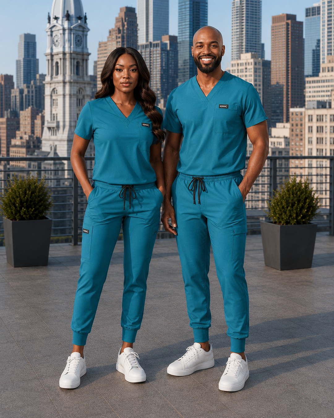 The Vital Split Triage Teal scrub set lifestyle image