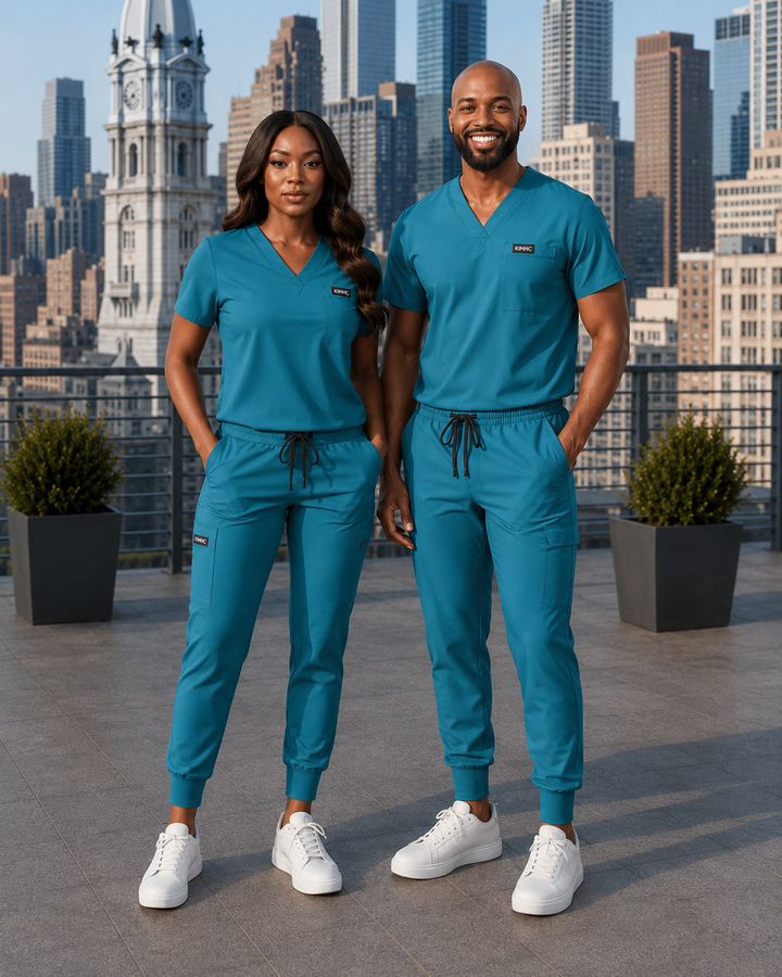 The Vital Split Triage Teal scrub set lifestyle image