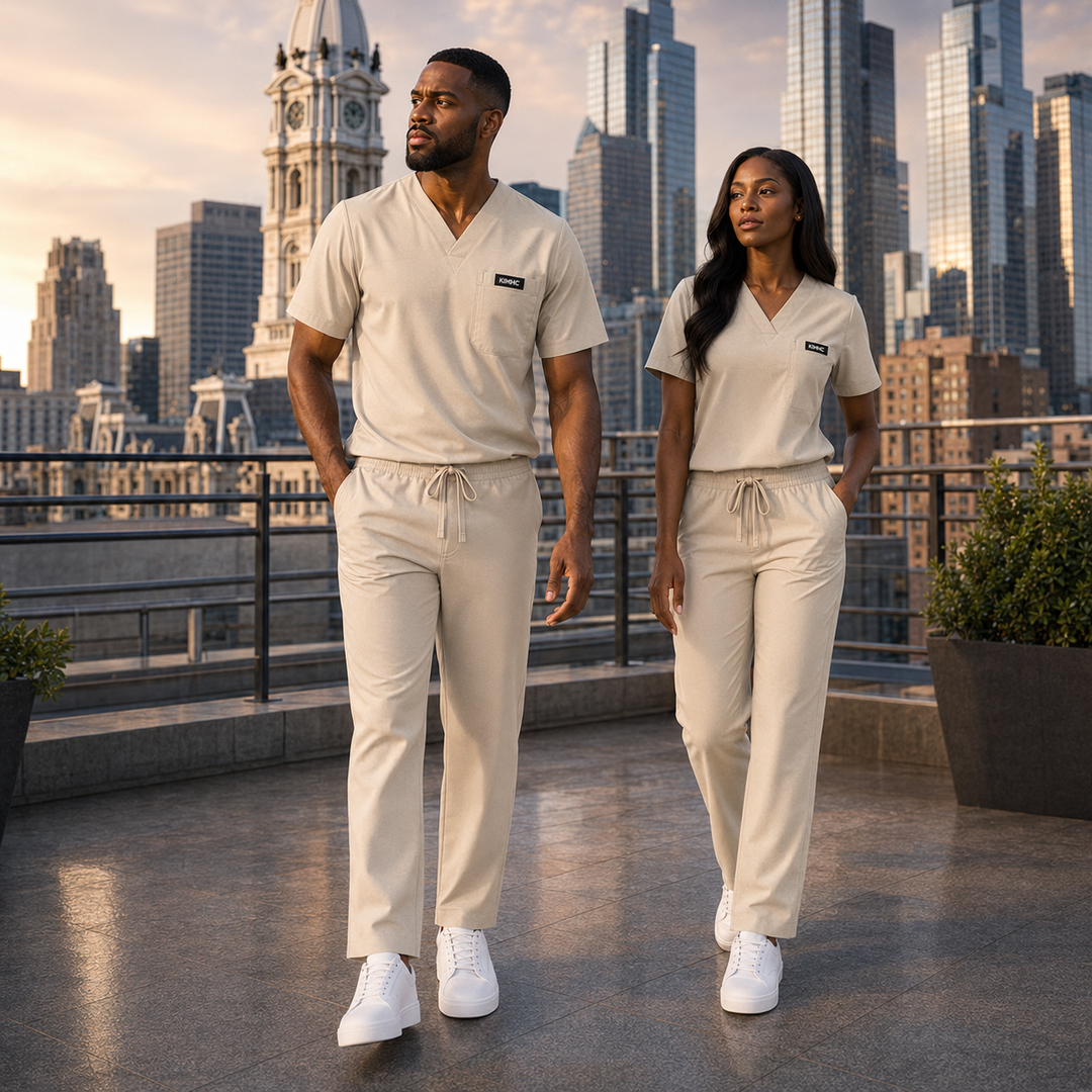 The Vital 3 Straight in Bone Beige — KIMHC branded unisex two-person view
