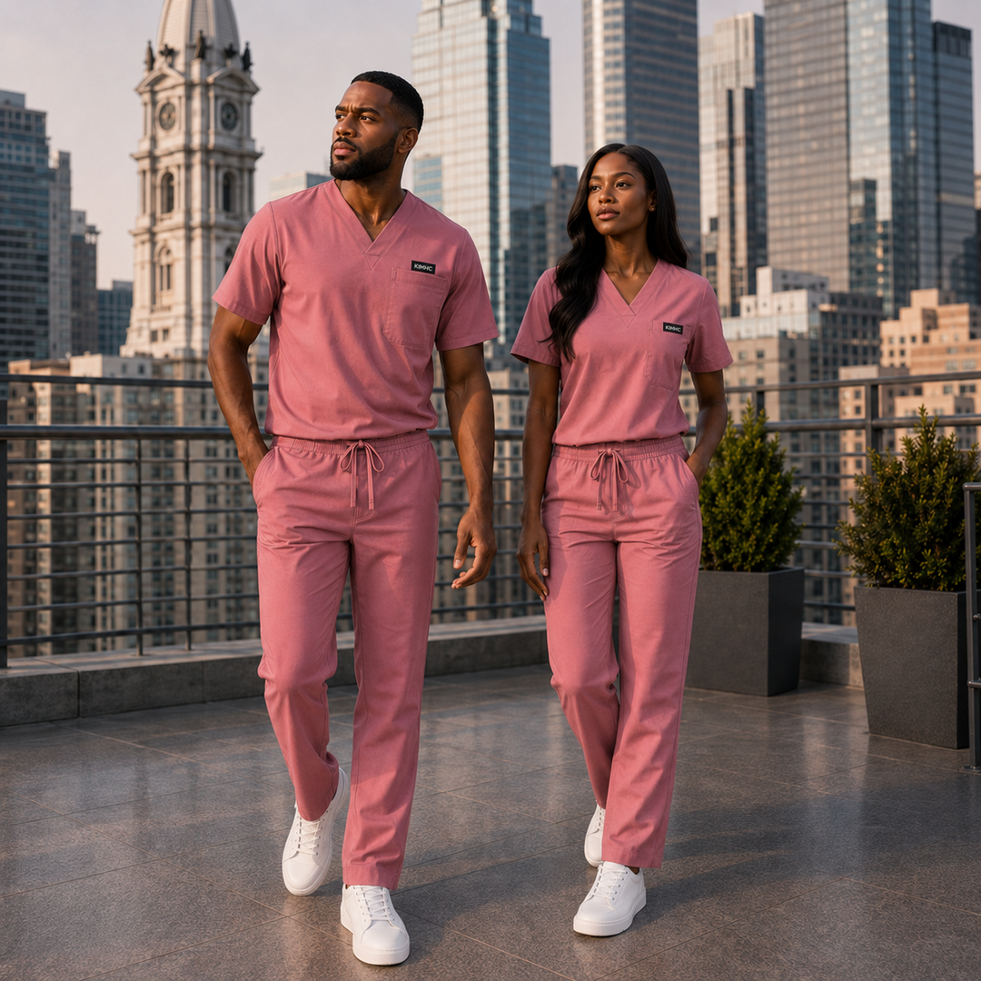 The Vital 3 Straight in Capillary Rose — KIMHC branded unisex two-person view
