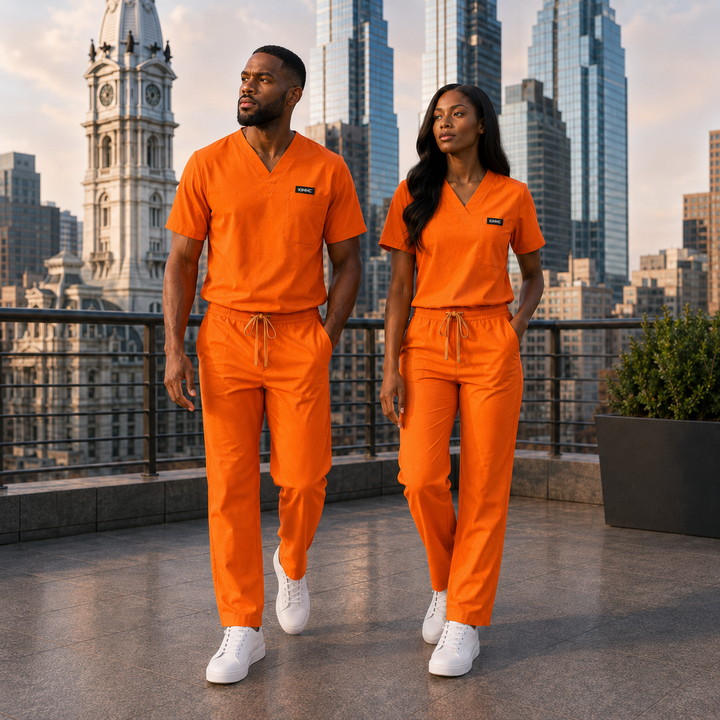 The Vital 3 Straight in Pharmacy Orange — KIMHC branded unisex two-person view