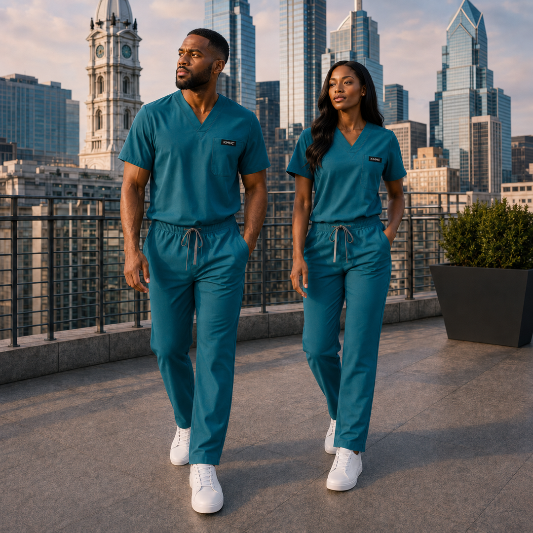 The Vital 3 Straight in Triage Teal — KIMHC branded unisex two-person view