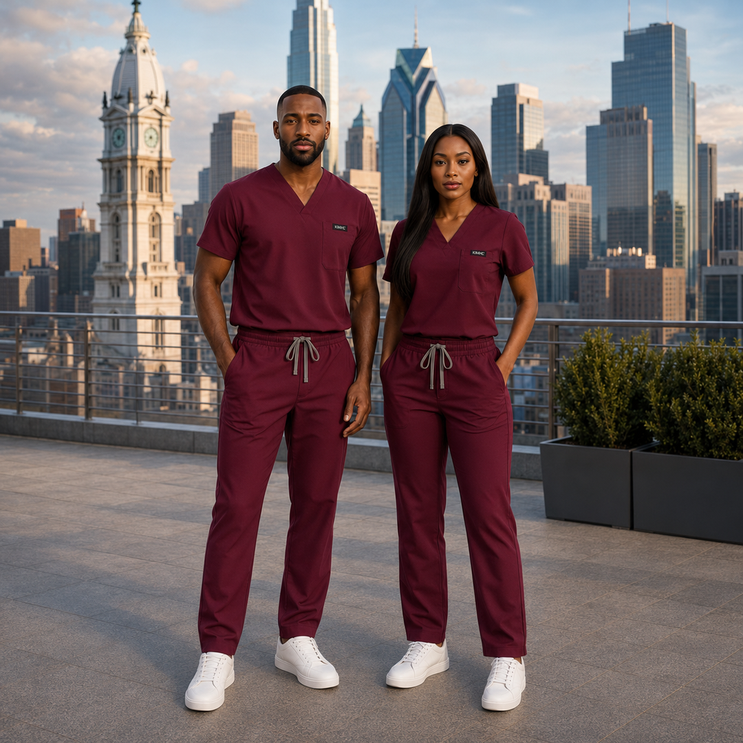 The Vital Jogger in Bloodline Burgundy — KIMHC branded unisex two-person view
