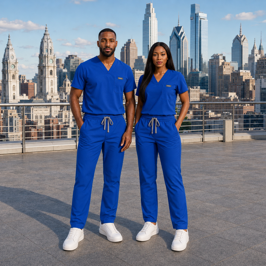 The Vital Jogger in Code Blue — KIMHC branded unisex two-person view