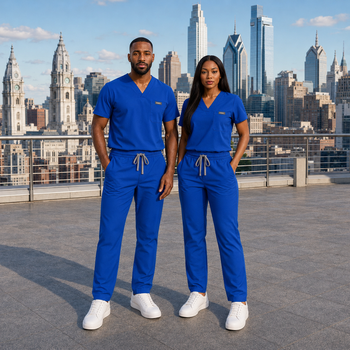 The Vital Jogger in Code Blue — KIMHC branded unisex two-person view
