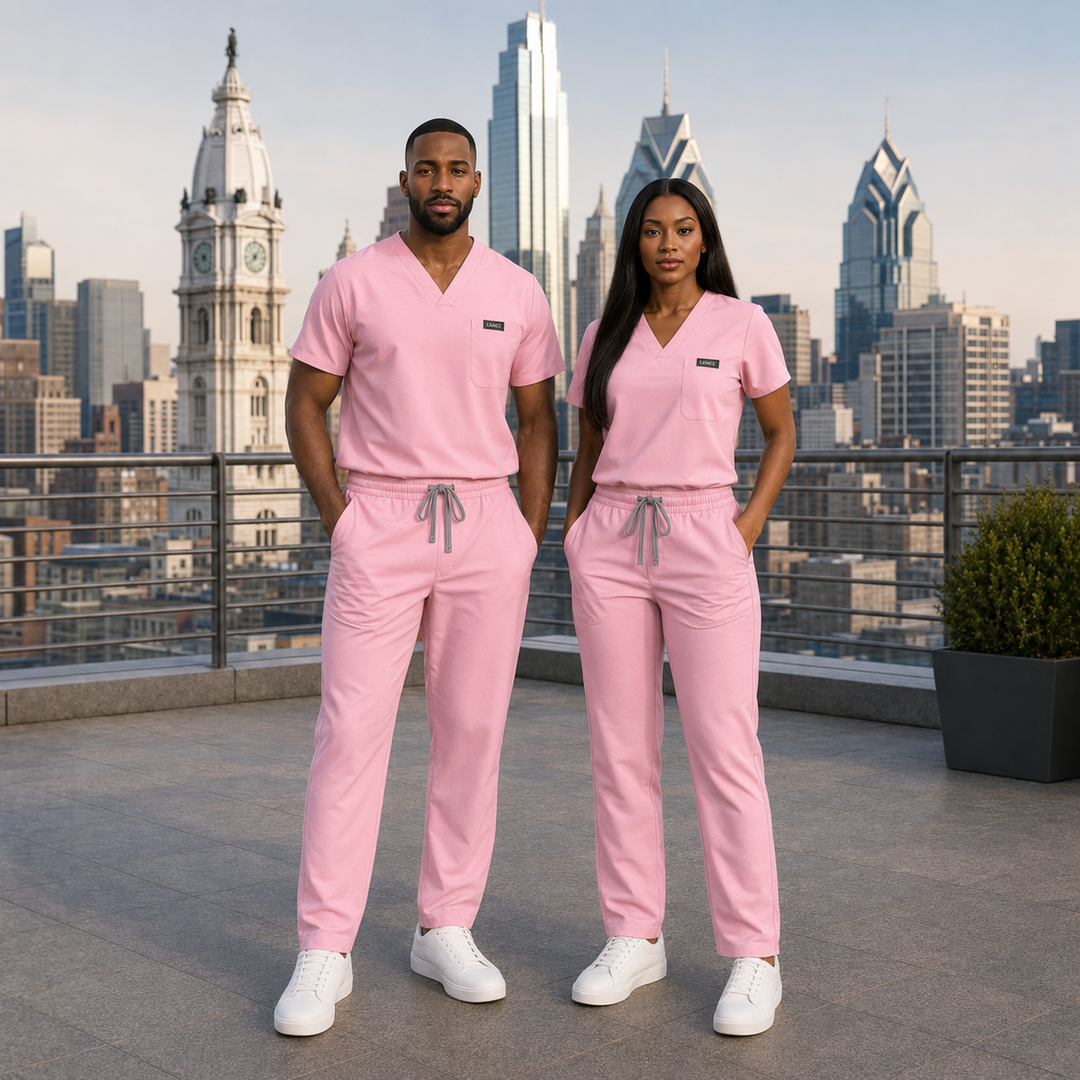 The Vital Jogger in L&amp;D Baby Pink — KIMHC branded unisex two-person view