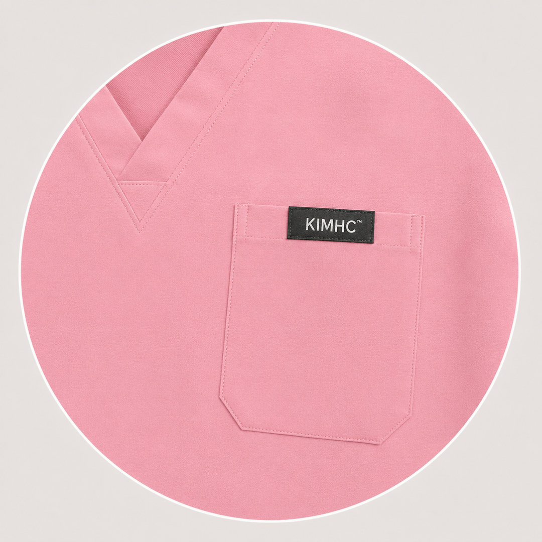 The Vital Jogger in L&amp;D Baby Pink — one chest pocket with woven KIMHC tag