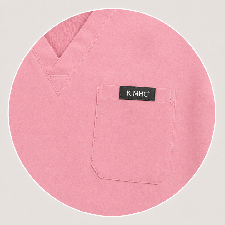 The Vital Jogger in L&amp;D Baby Pink — one chest pocket with woven KIMHC tag