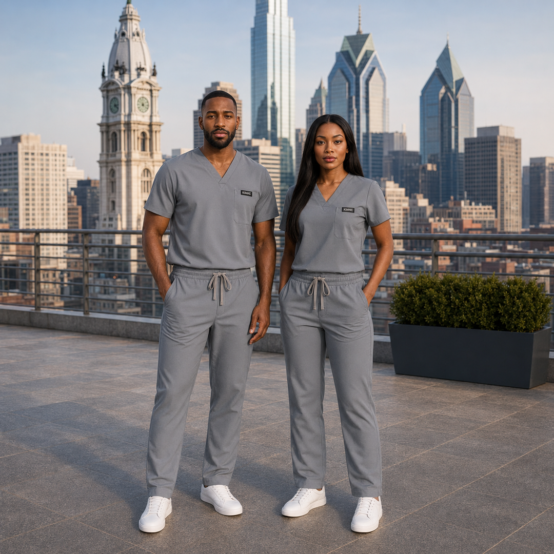 The Vital Jogger in MRI Gray — KIMHC branded unisex two-person view