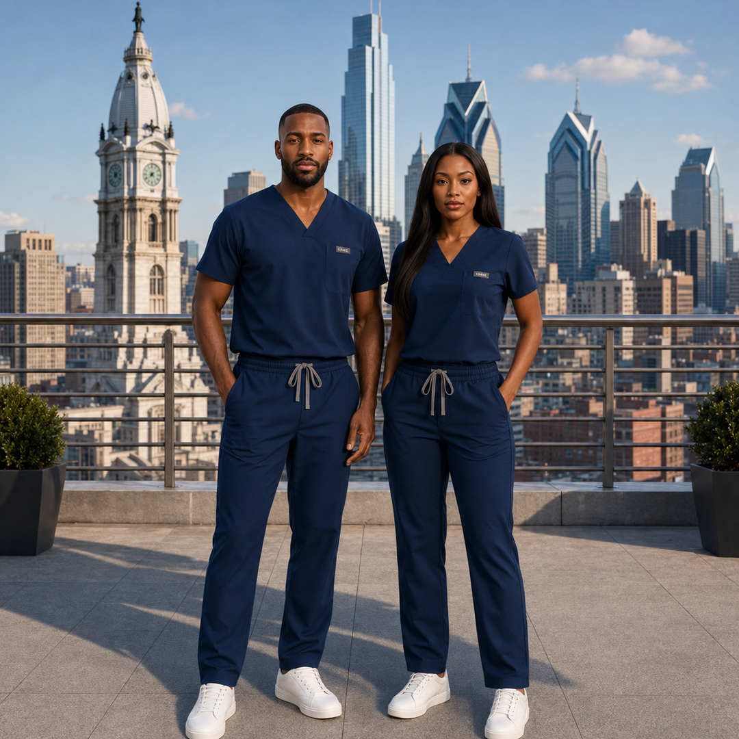The Vital Jogger in Navy Nerves — KIMHC branded unisex two-person view
