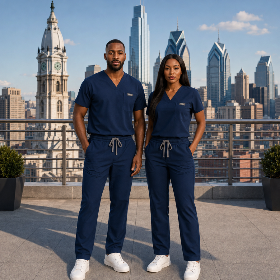 The Vital Jogger in Navy Nerves — KIMHC branded unisex two-person view