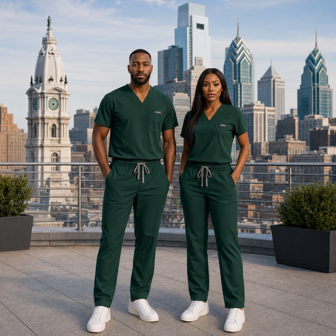 The Vital Jogger in Nightfall Dark Green — KIMHC branded unisex two-person view
