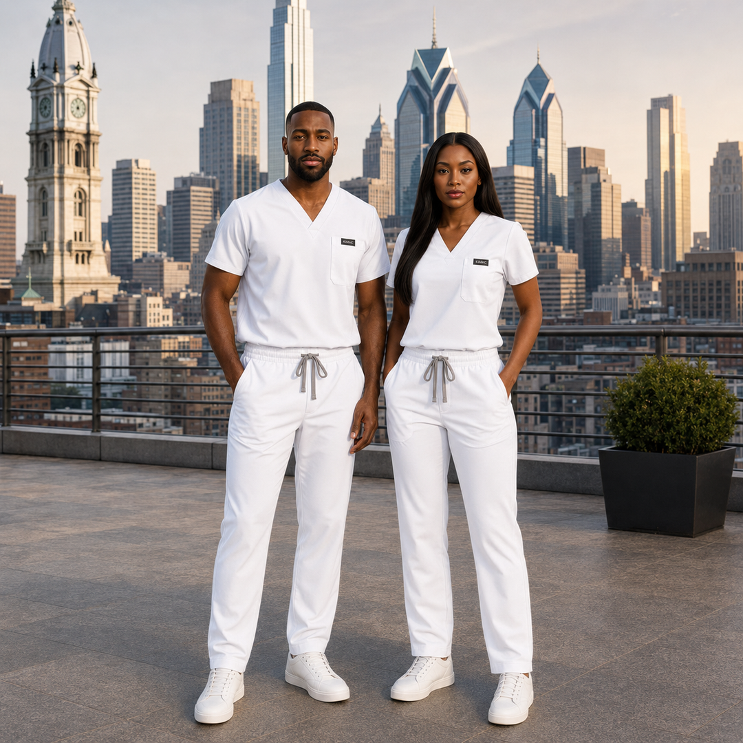 The Vital Jogger in Sterile White — KIMHC branded unisex two-person view