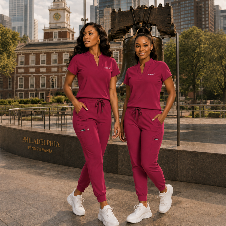 The Vital Mandarin women’s scrub set in Heartbeat Magenta