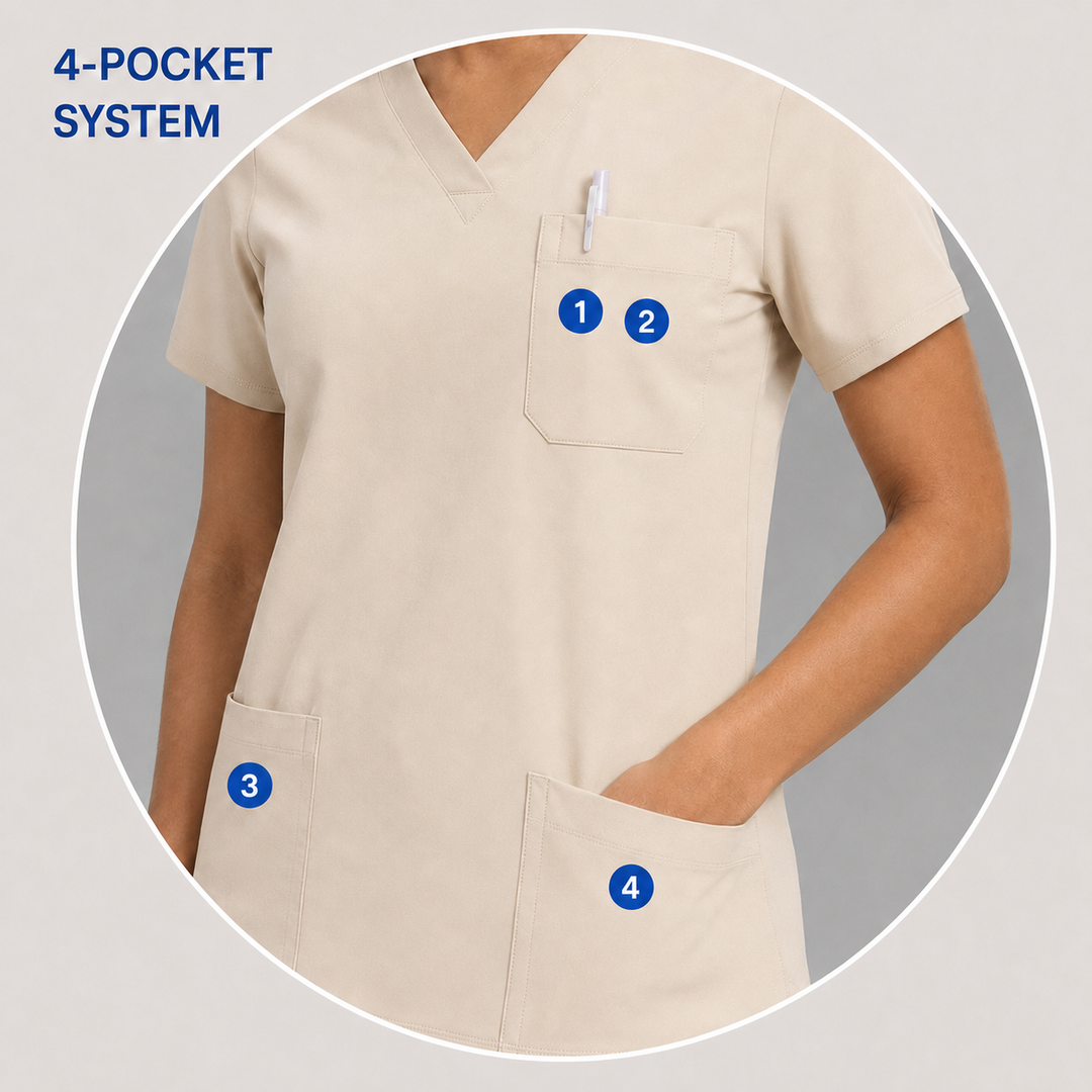 The Vital V-Neck in Bone Beige — numbered 4-pocket system