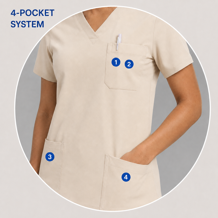 The Vital V-Neck in Bone Beige — numbered 4-pocket system