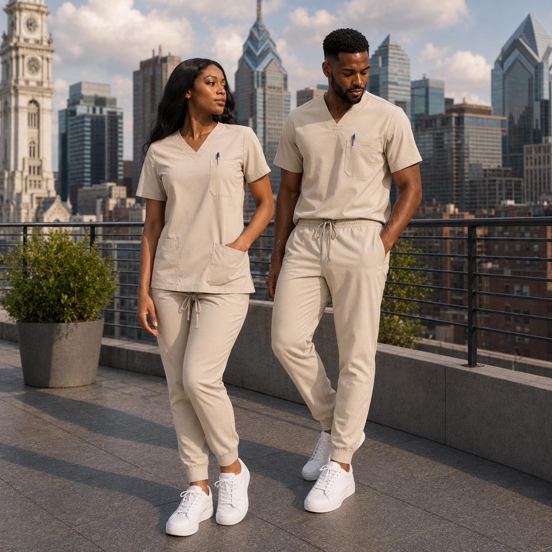 The Vital V-Neck in Bone Beige — woman and man full view