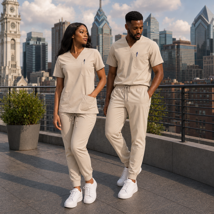 The Vital V-Neck in Bone Beige — woman and man full view