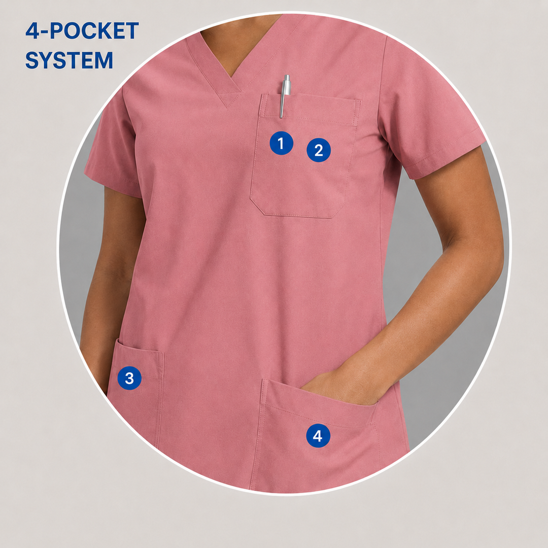 The Vital V-Neck in Capillary Rose — numbered 4-pocket system