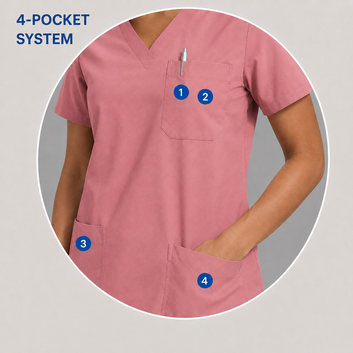 The Vital V-Neck in Capillary Rose — numbered 4-pocket system
