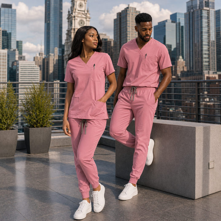 The Vital V-Neck in Capillary Rose — woman and man full view