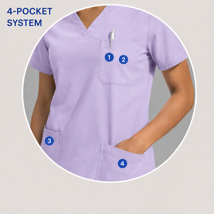 The Vital V-Neck in IV Lilac — numbered 4-pocket system