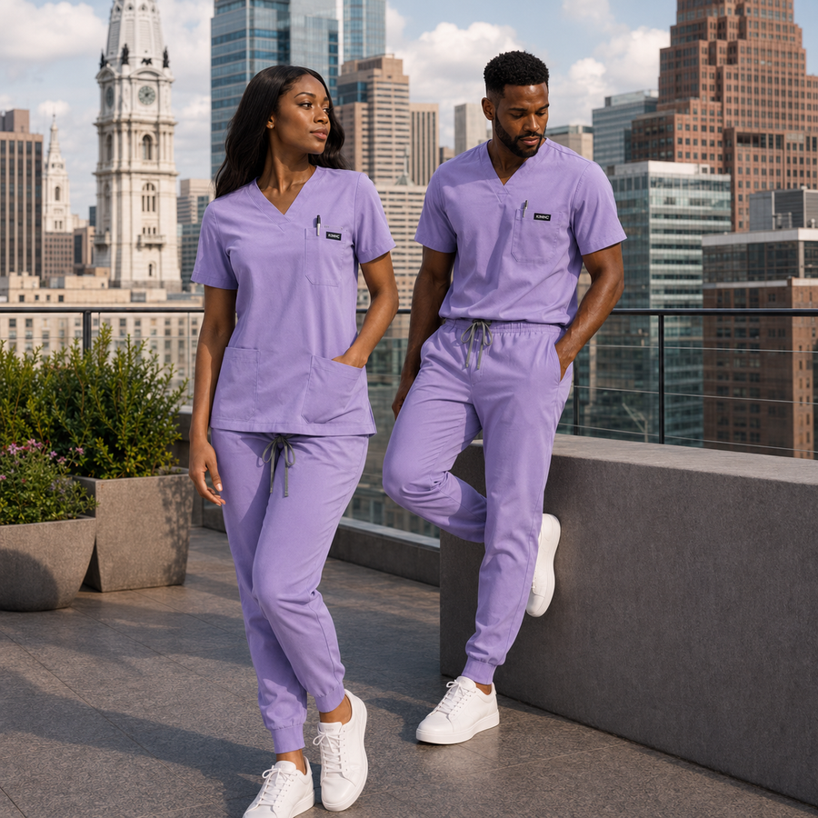 The Vital V-Neck in IV Lilac — woman and man full view