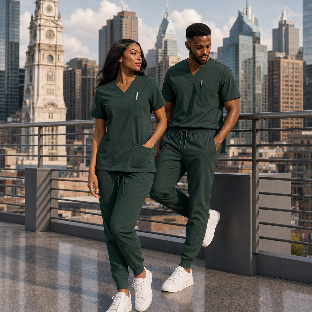 The Vital V-Neck in Nightshift Dark Green — woman and man full view