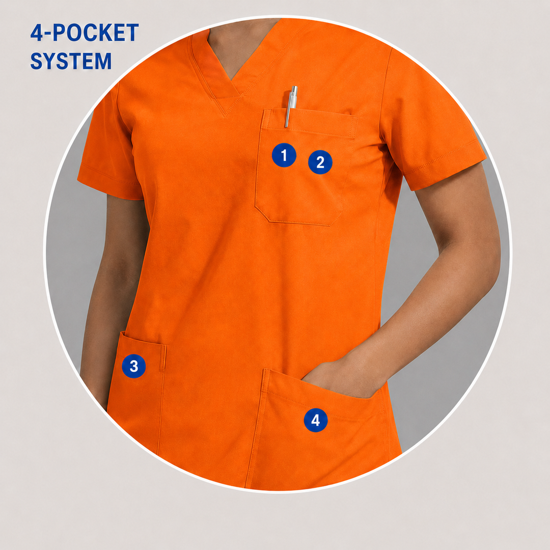 The Vital V-Neck in Pharmacy Orange — numbered 4-pocket system